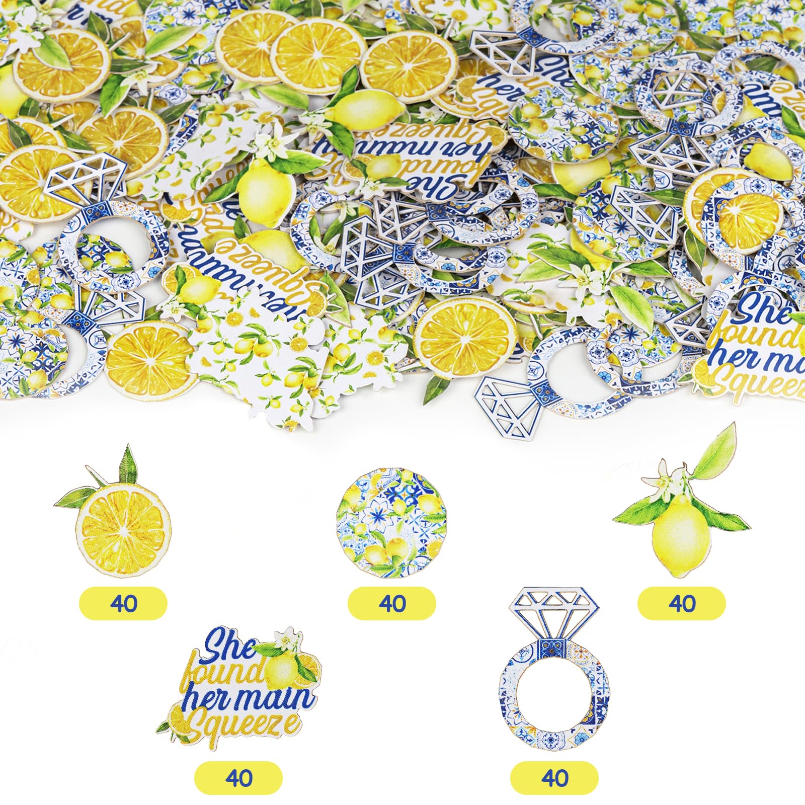 JOYMEMO 200 Pieces She Found Her Main Squeeze Confetti - Blue Tile and Lemon Bridal Shower Decorations, Double Sided Lemon Confetti Lemonade Scatter Table Decor for Bachelorette Engagement Party