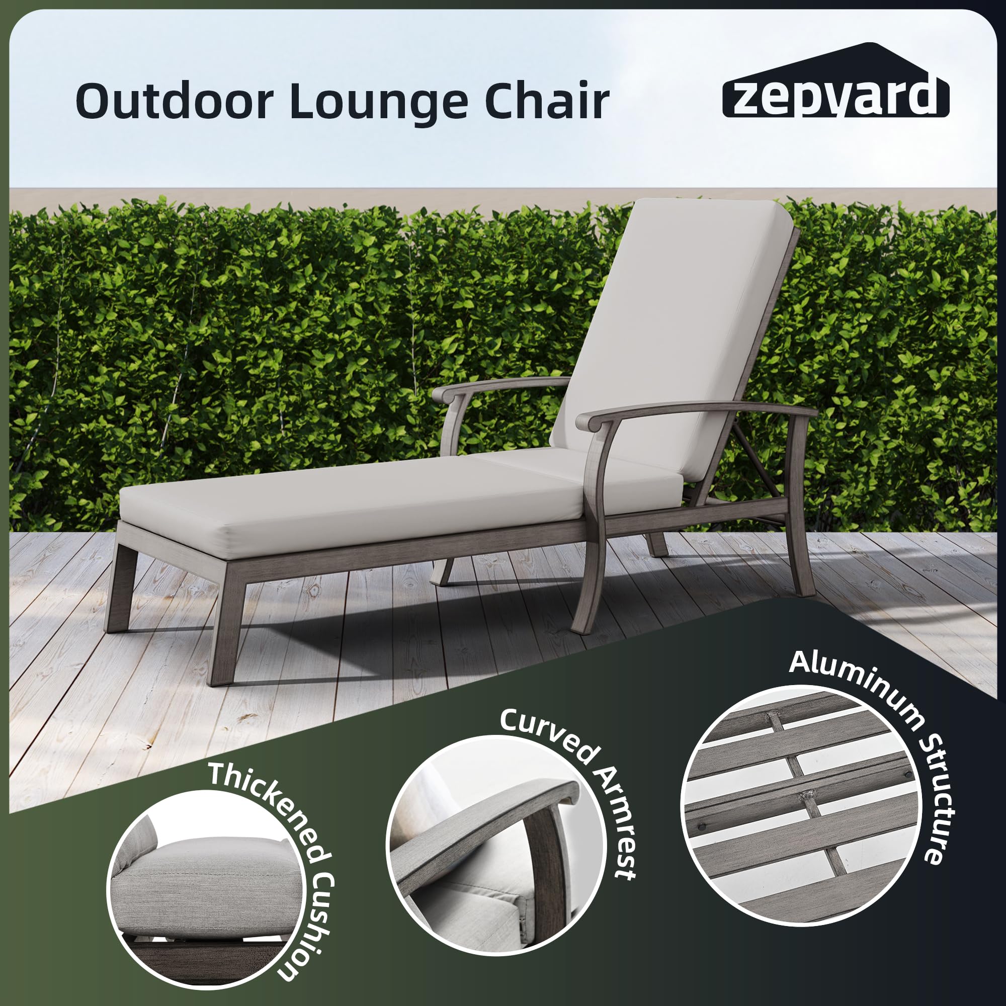 ZEPYARD Aluminum Patio Chaise Lounge Set of 3, Armrest Lounge Chair with Adjustable Backrest for Outside, All Weather Aluminum Lounge Chair for Deck Beach Poolside-Greige Cushion