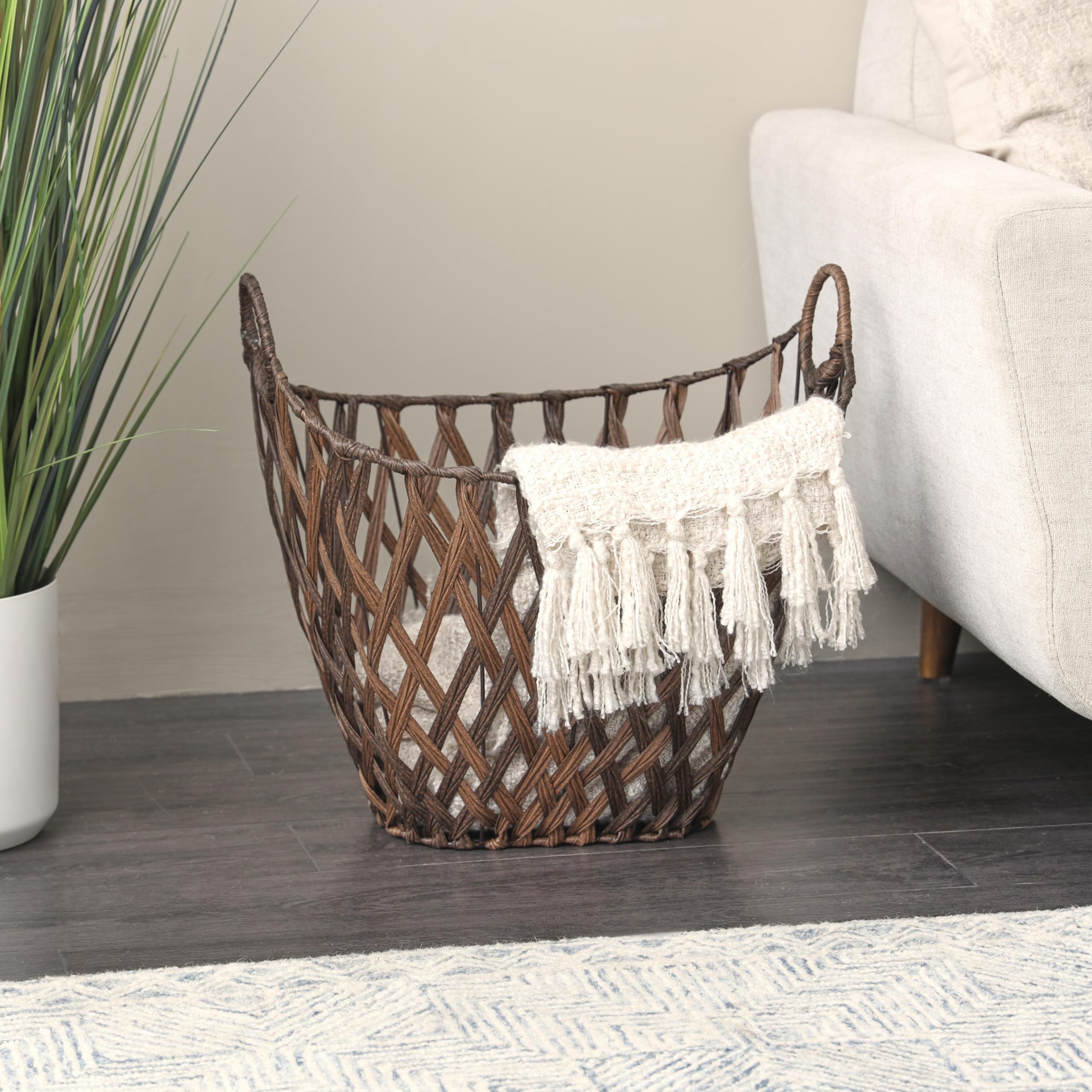 Deco 79 Plastic Rattan Geometric Decorative and Functional Storage Basket Open Frame Woven Basket Organizer with Ring Handles, Basket for Storage 21" x 17" x 19", Bronze