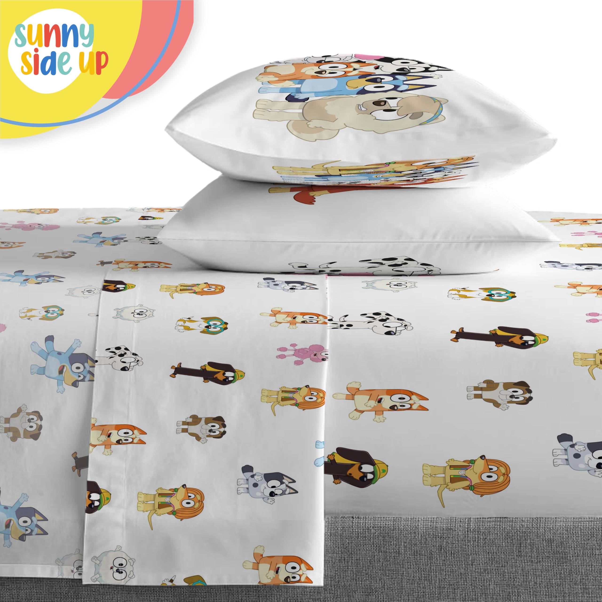 Sunny Side Up Bluey & Friends Full Comforter Set - 7 Piece Kids Bedding Includes Comforter, Sheets & Pillow Cover - Super Soft Microfiber Bed Set