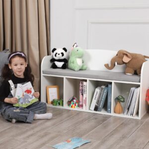 MOMCAYWEX Kids Bookshelf with Reading Nook, Toddler Bookshelf with Soft Grey Cushion, 4-Cube, White