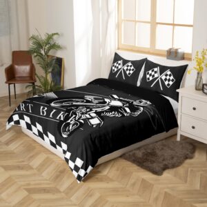 Erosebridal Boys Bedding Set Full Dirt Bike Comforter Cover, Extreme Sport Bed Set Teens Adults Motocross Duvet Cover, Black White Grid Quilt Cover, Black Reversible 3pcs Breathable