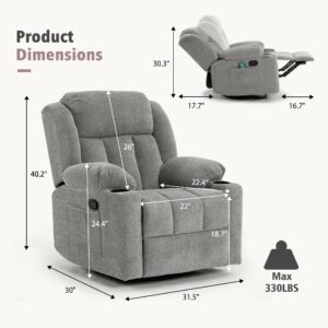 Ketaiyou Rocker Swivel Recliner Chair for Adults, Overstuffed Large Manual Recliner Glider with Massage and Heat, Comfy Soft Fabric Living Room Reclining Sofa Chair(Lime Gray)