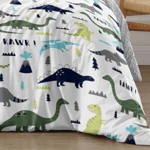 Sweet Jojo Designs Blue Green Modern Dinosaur Boy Queen Duvet Cover Bedding Set Full Size Bed Comforter Case Shams 3pc - Turquoise Navy Boho Bohemian Mod Dinosaurs Prehistoric Grey and White Volcano