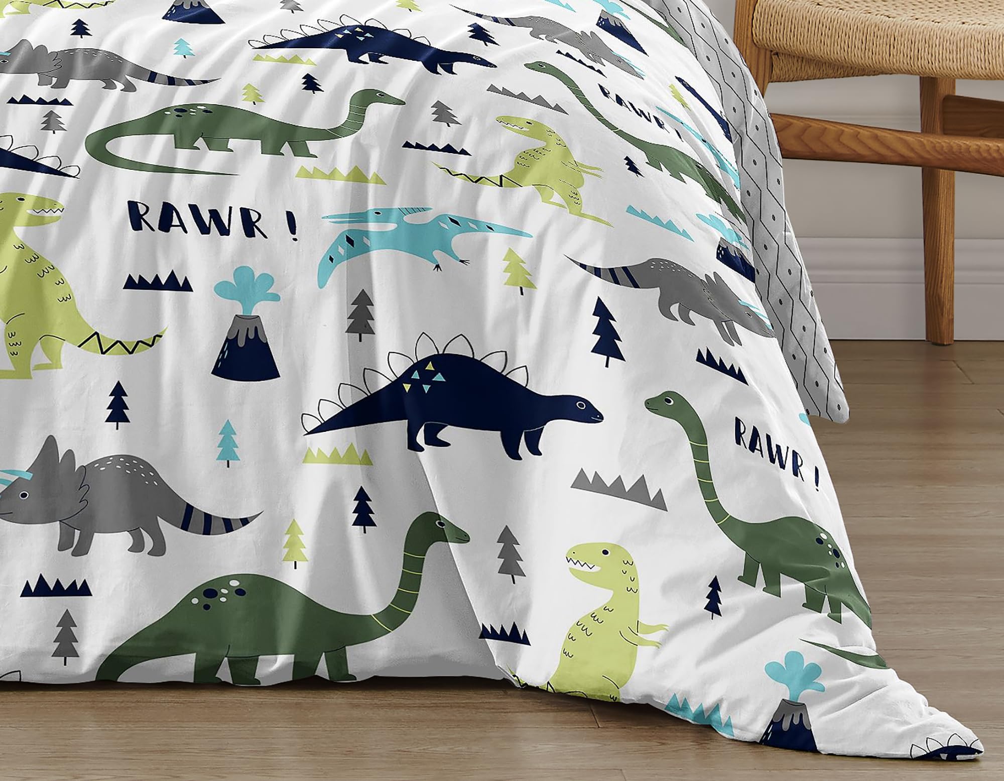 Sweet Jojo Designs Blue Green Modern Dinosaur Boy Queen Duvet Cover Bedding Set Full Size Bed Comforter Case Shams 3pc - Turquoise Navy Boho Bohemian Mod Dinosaurs Prehistoric Grey and White Volcano