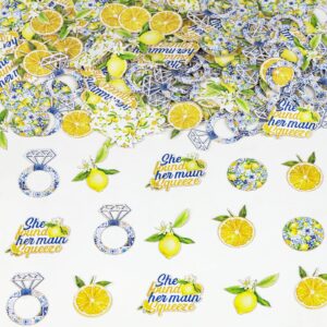 joymemo 200 pieces she found her main squeeze confetti - blue tile and lemon bridal shower decorations, double sided lemon confetti lemonade scatter table decor for bachelorette engagement party