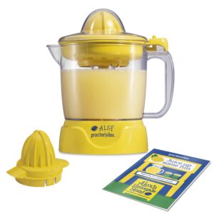 proctor silex alex's lemonade stand electric citrus juicer machine and squeezer, for lemons, limes and oranges, 34 oz, includes 2 reamers & recipe book, yellow (66341)