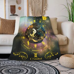 CaomeiWu Gemini Zodiac Blanket, 60" x 50" Flannel Stars Astrology Themed Stuffed Vibrant Throw, Soft Nap Throw Blanket for Home Boys Girls Women Horoscope Lovers Gifts