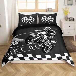 Erosebridal Boys Bedding Set Full Dirt Bike Comforter Cover, Extreme Sport Bed Set Teens Adults Motocross Duvet Cover, Black White Grid Quilt Cover, Black Reversible 3pcs Breathable