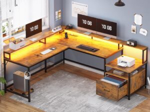 sedeta l shaped desk, 66" home office desk with file drawer & power outlet, gaming desk with led lights, corner computer desk with monitor shelf, printer storage shelves, two person desk, rustic brown