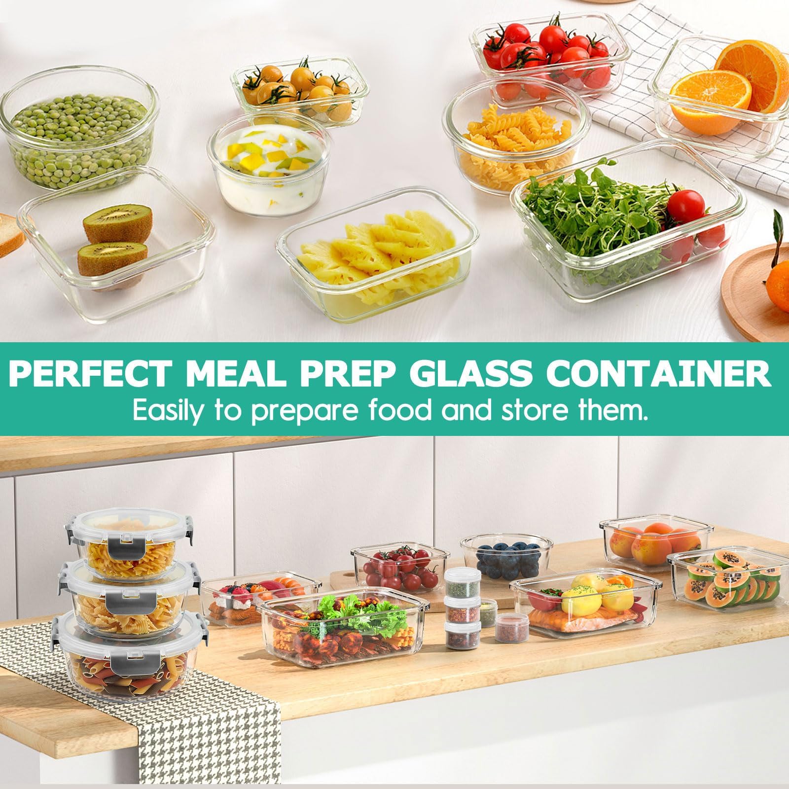 34pcs Glass Food Storage Containers with Lids Set, Airtight Glass Meal Prep Containers (17 Containers & 17 Lids), Leak Proof Lunch Containers BPA-Free, Microwave, Oven, Freezer, Dishwasher Safe-Grey