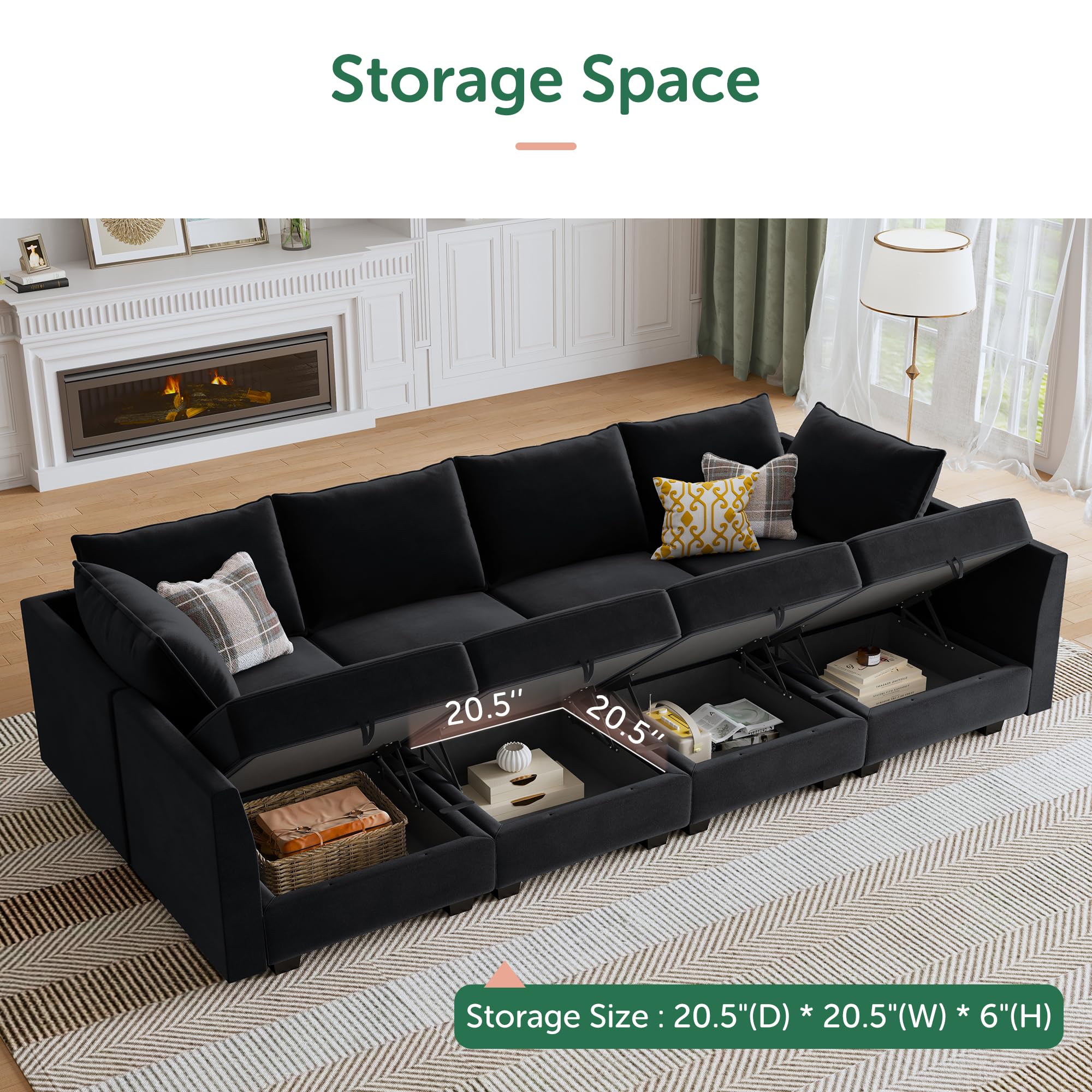 HONBAY Modular Sectional Sleeper Sofa Velvet Sectional Sleeper Couch with Storage Seats Oversized Sectional for Living Room,Black