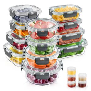 34pcs glass food storage containers with lids set, airtight glass meal prep containers (17 containers & 17 lids), leak proof lunch containers bpa-free, microwave, oven, freezer, dishwasher safe-grey