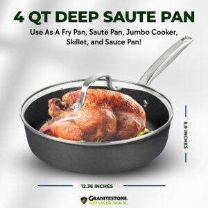 Granitestone Armor Max 4 Quart. Sauté Pan with Lid - 11 Inch Non Stick Deep Frying Pan with Lid, Large Frying Pan, Oven Safe Skillet with Lid, Multipurpose Jumbo Cooker, Stovetop/Dishwasher Safe…