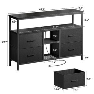 Huuger TV Stand Dresser with Power Outlets and LED Lights, 4 Drawers Entertainment Center with Open Shelf, Media Console for 50 43 Inch TV, Dresser with PU Finish, Black