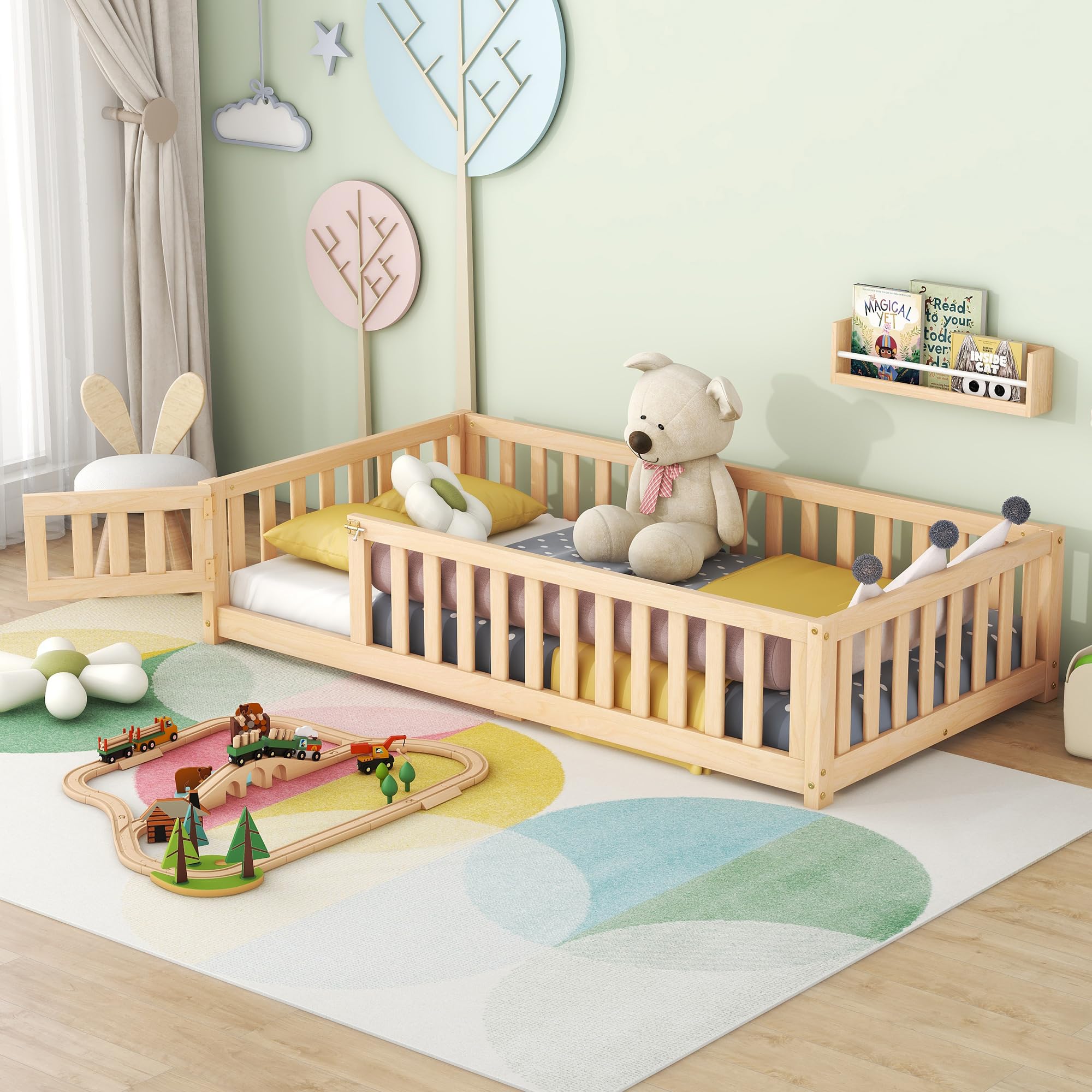 CITYLIGHT Twin Size Floor Bed with Rails, Wood Montessori Floor Bed Twin with Support Slats, Kids Twin Bed Frame with Door Design for Boys,Girls, Natural