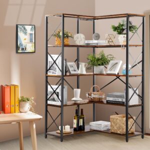 Rengue Bookshelf 5 Tier Corner Shelf, Large Modern Industrial Bookcase L Shaped Storage Display Rack with Heavy Duty Metal Frame for Home Office, Living Room, Bed Room