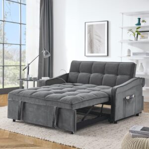 jeeohey sleeper sofa couch with type c, usb port, 3 in 1 modern velvet convertible loveseat sofa w/pull out bed, curved armrest for small space livingroom apartment office, grey