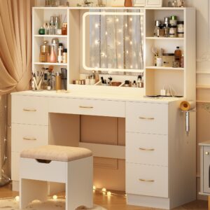 jiteentarou 47" large vanity desk with mirror and lights, led white vanity set with stool and power outlet, lighted make up vanity desk with drawers and 3 lighting modes for women, girls(white)