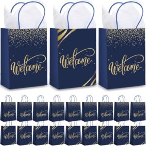 kosiz 50 sets welcome gift bags bulk with handles and tissue paper welcome to our church gift bags kraft paper welcome bags for wedding guests hotel church visitors birthday party supplies(navy blue)