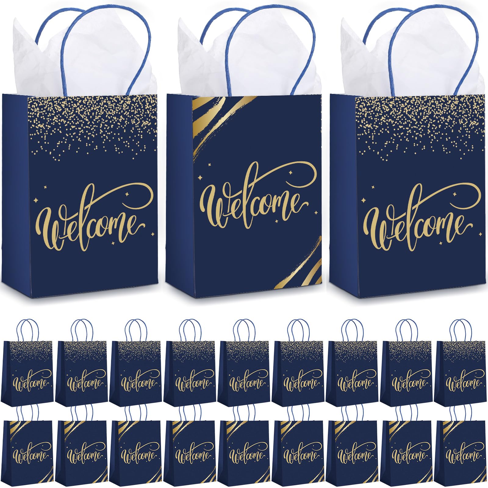 Kosiz 50 Sets Welcome Gift Bags Bulk with Handles and Tissue Paper Welcome to Our Church Gift Bags Kraft Paper Welcome Bags for Wedding Guests Hotel Church Visitors Birthday Party Supplies(Navy Blue)