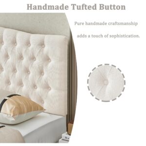 Befurtori Linen Upholstered Queen/Full Headboard, Tufted Button Headboard for Queen/Full Bed, Curved Integrated Design with Tufted Solid Wood Head Board and Luxury Soft Padded, Ivory