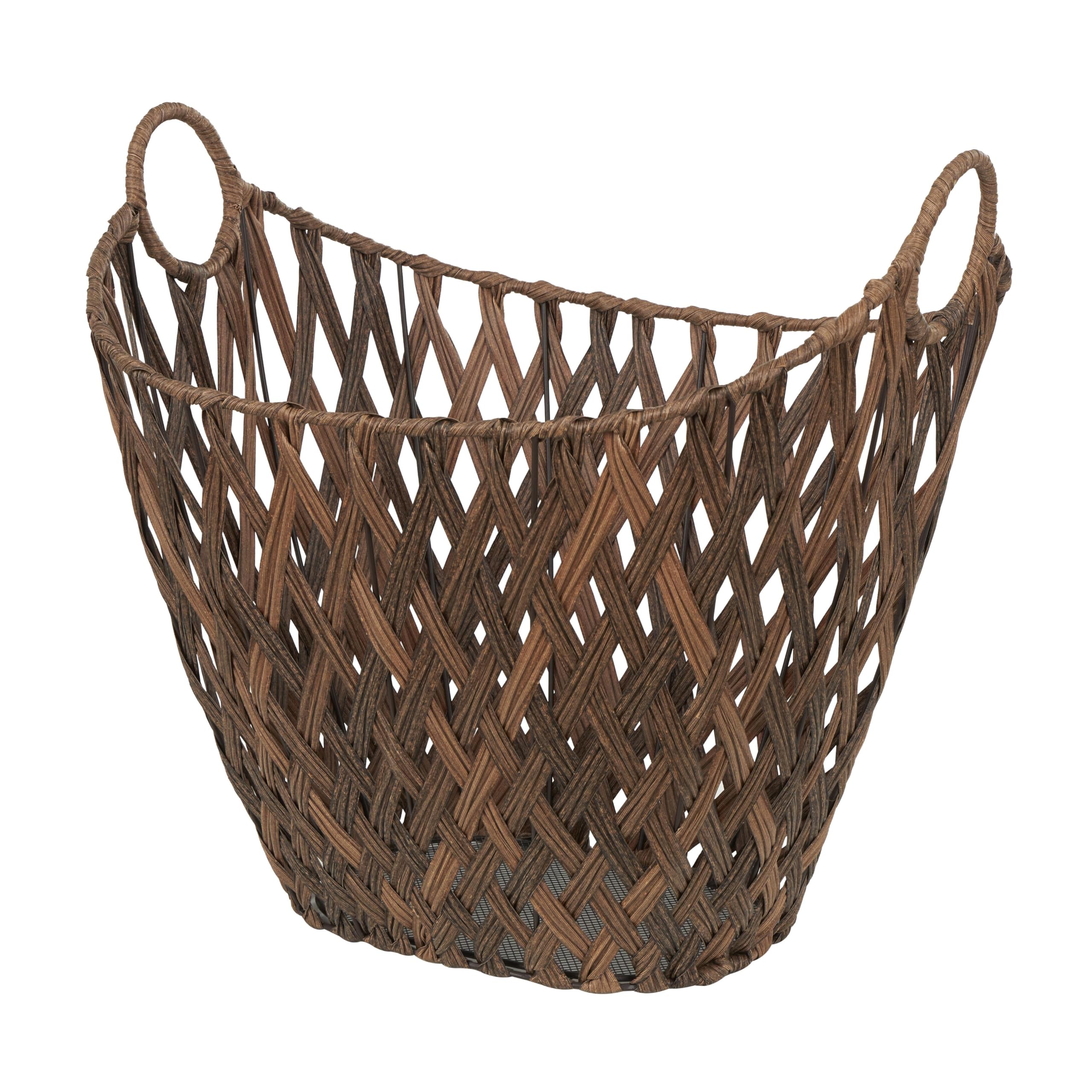 Deco 79 Plastic Rattan Geometric Decorative and Functional Storage Basket Open Frame Woven Basket Organizer with Ring Handles, Basket for Storage 21" x 17" x 19", Bronze