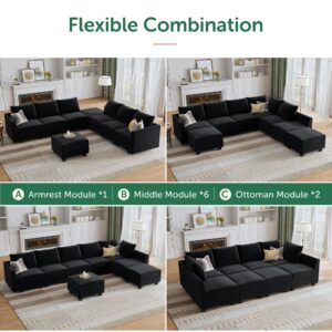 HONBAY Modular Sectional Sleeper Sofa Velvet Sectional Sleeper Couch with Storage Seats Oversized Sectional for Living Room,Black