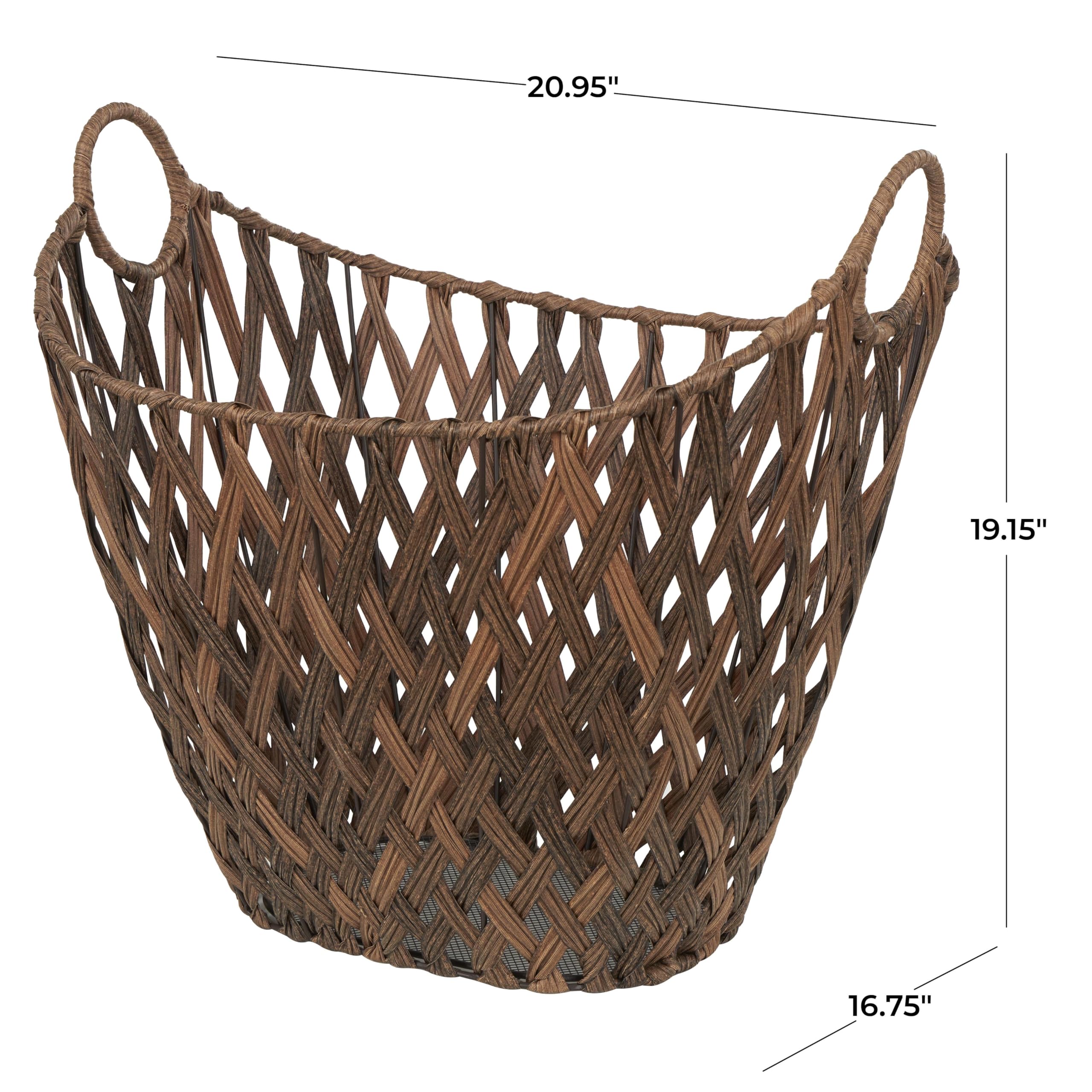 Deco 79 Plastic Rattan Geometric Decorative and Functional Storage Basket Open Frame Woven Basket Organizer with Ring Handles, Basket for Storage 21" x 17" x 19", Bronze