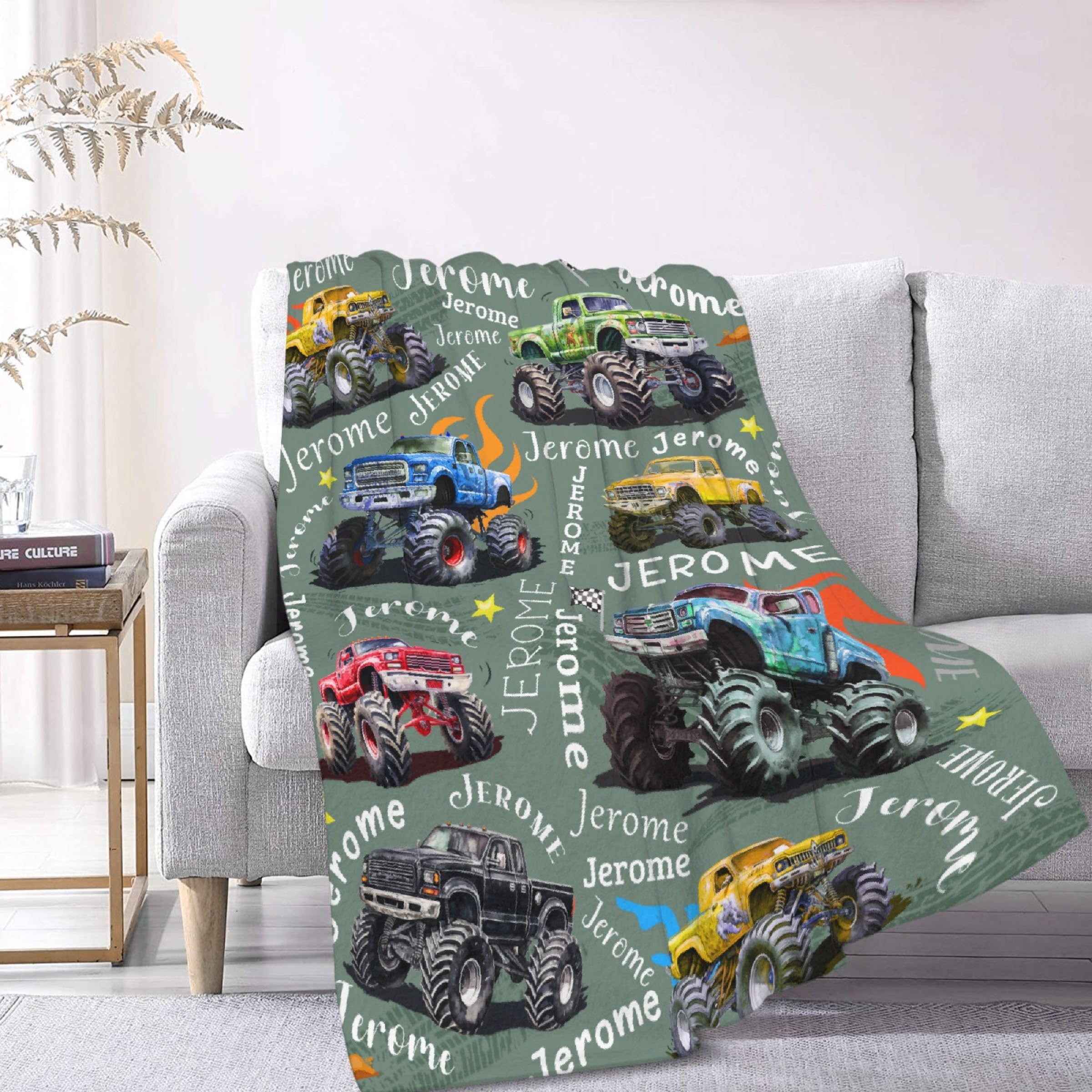 Personalized Trucks Mon-Ster Car Blanket Gifts Custom Name Blanket, Super Soft Flannel Fleece Throw Blanket for Boys Girls Couch Chair Bed Sofa Christmas Thanksgiving Gifts Teen or Nap Size 50"x60" M