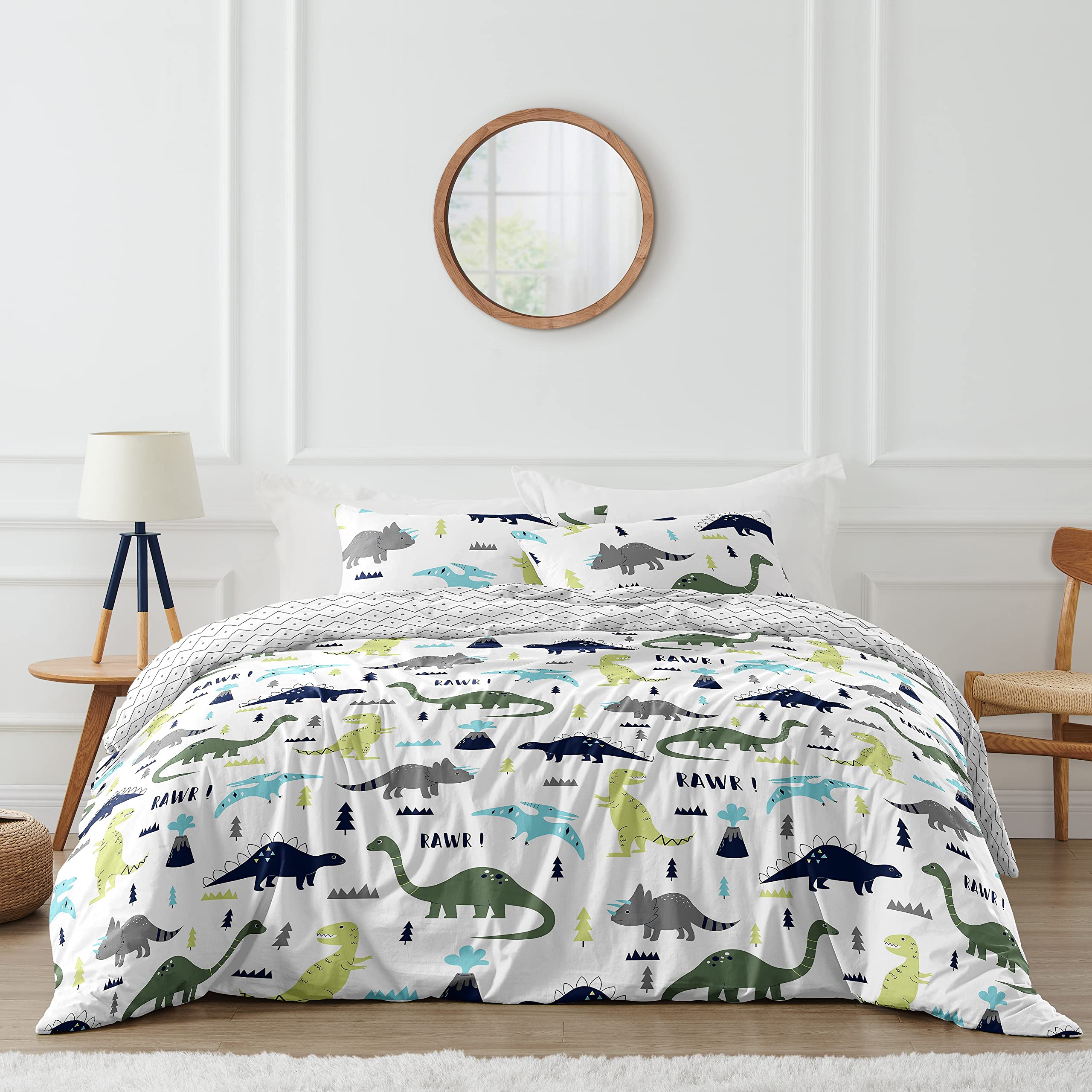 Sweet Jojo Designs Blue Green Modern Dinosaur Boy Queen Duvet Cover Bedding Set Full Size Bed Comforter Case Shams 3pc - Turquoise Navy Boho Bohemian Mod Dinosaurs Prehistoric Grey and White Volcano