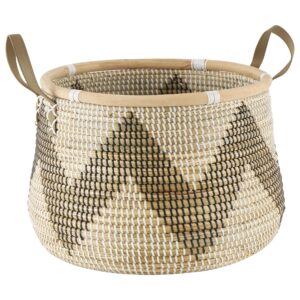 Deco 79 Seagrass Handmade Zigzag Patterned Storage Basket with Black and White Plastic Weaving and Leather Handles, Set of 2 18", 13" W, Brown