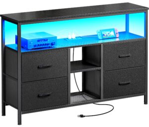 huuger tv stand dresser with power outlets and led lights, 4 drawers entertainment center with open shelf, media console for 50 43 inch tv, dresser with pu finish, black