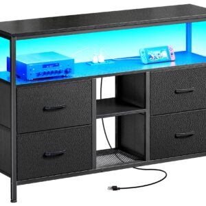 Huuger TV Stand Dresser with Power Outlets and LED Lights, 4 Drawers Entertainment Center with Open Shelf, Media Console for 50 43 Inch TV, Dresser with PU Finish, Black