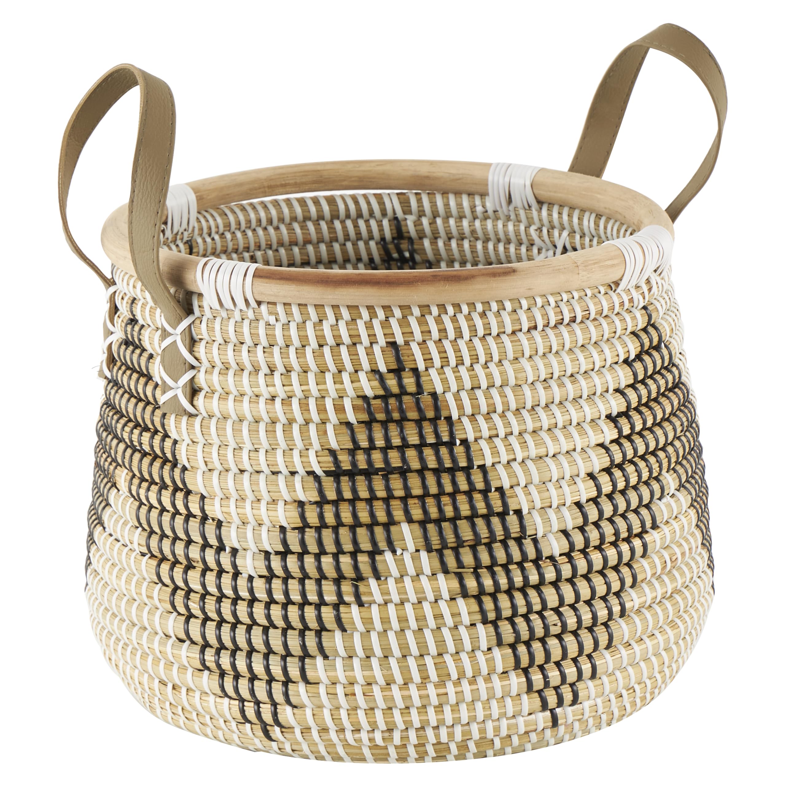 Deco 79 Seagrass Handmade Zigzag Patterned Storage Basket with Black and White Plastic Weaving and Leather Handles, Set of 2 18", 13" W, Brown