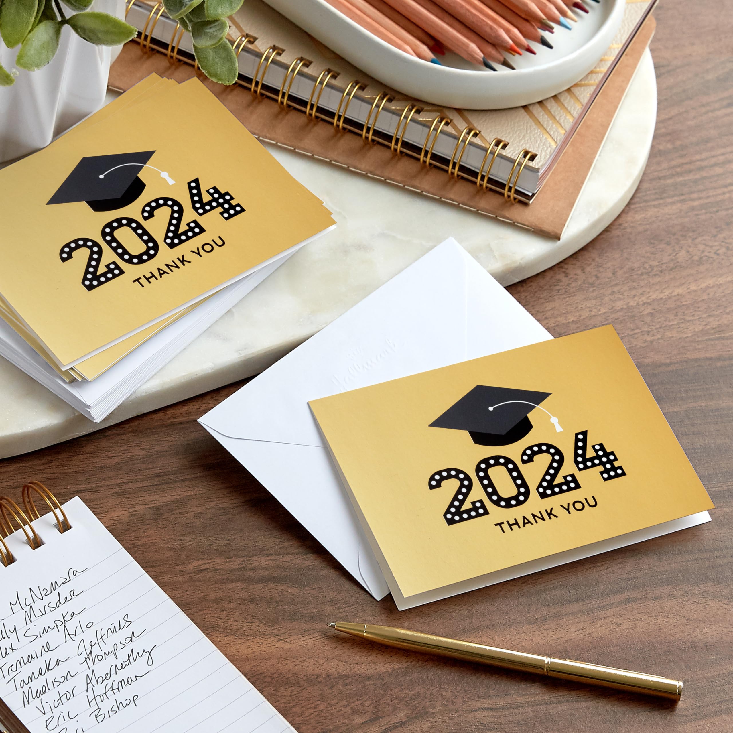 Hallmark 2024 Graduation Thank You Cards (40 Thank You Notes with Envelopes) Gold Graduation Cap