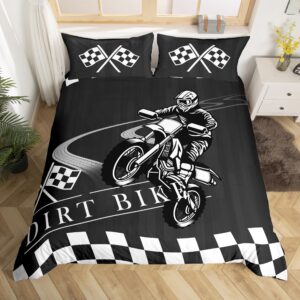 erosebridal boys bedding set full dirt bike comforter cover, extreme sport bed set teens adults motocross duvet cover, black white grid quilt cover, black reversible 3pcs breathable