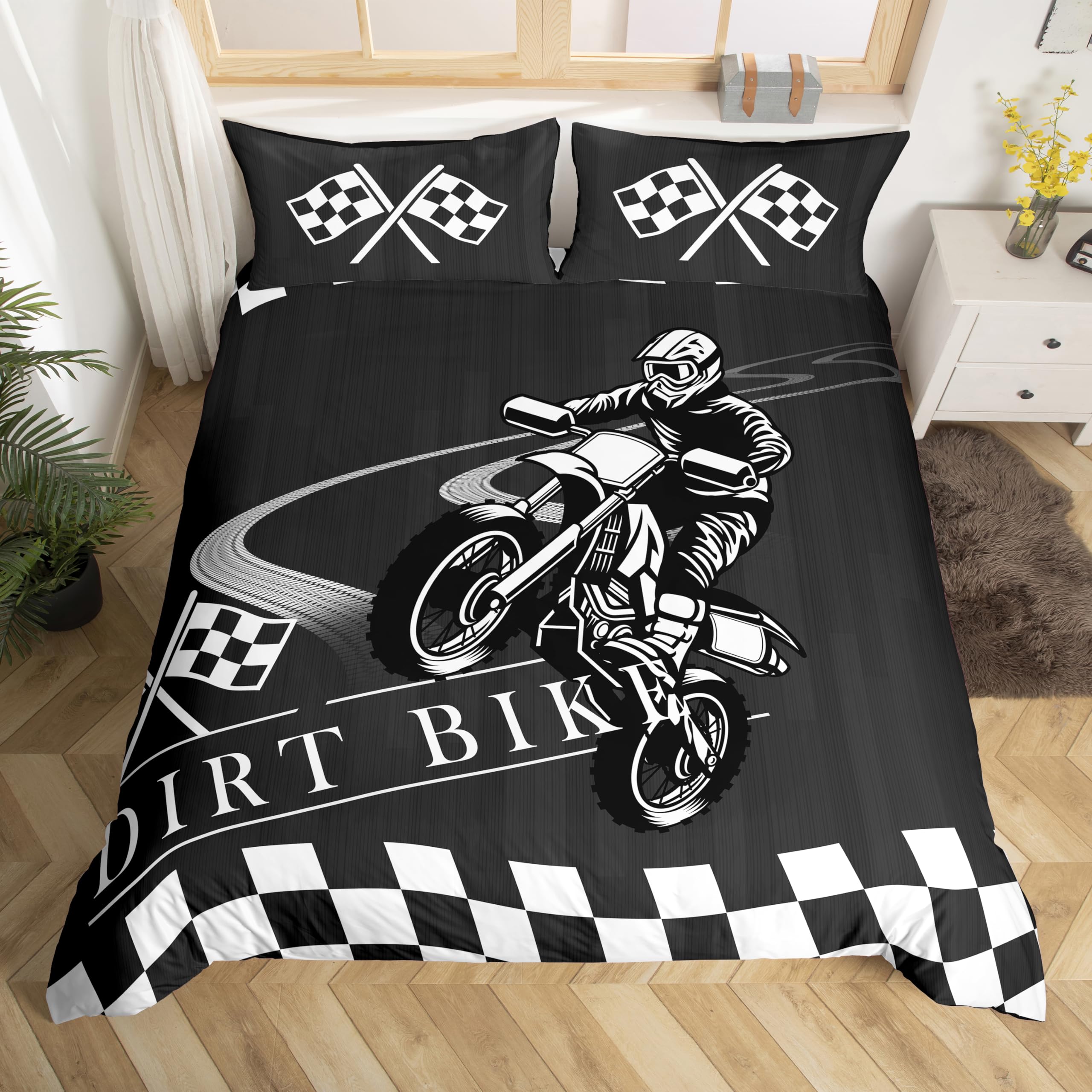 Erosebridal Boys Bedding Set Full Dirt Bike Comforter Cover, Extreme Sport Bed Set Teens Adults Motocross Duvet Cover, Black White Grid Quilt Cover, Black Reversible 3pcs Breathable