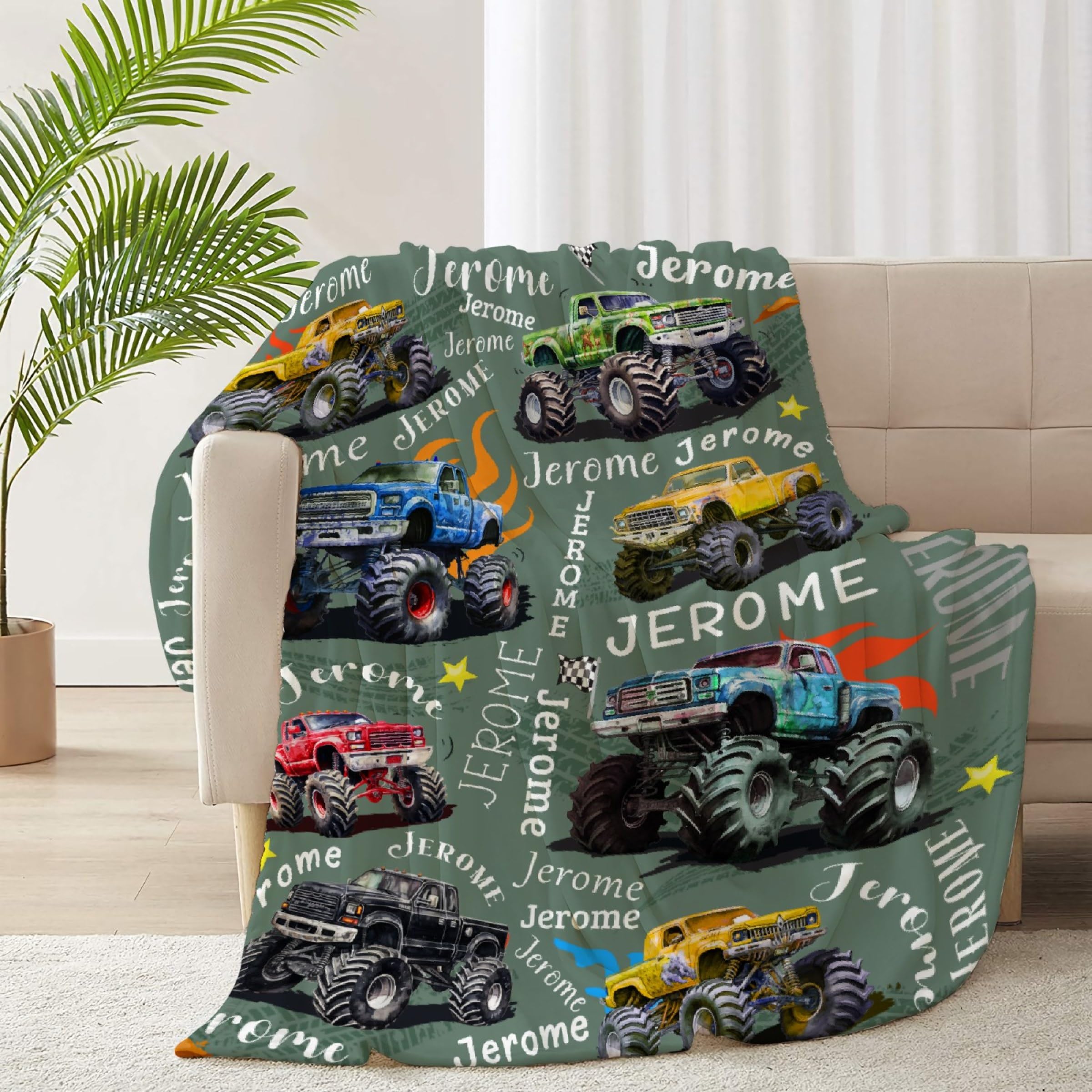 Personalized Trucks Mon-Ster Car Blanket Gifts Custom Name Blanket, Super Soft Flannel Fleece Throw Blanket for Boys Girls Couch Chair Bed Sofa Christmas Thanksgiving Gifts Teen or Nap Size 50"x60" M