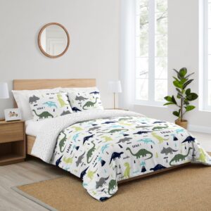 Sweet Jojo Designs Blue Green Modern Dinosaur Boy Queen Duvet Cover Bedding Set Full Size Bed Comforter Case Shams 3pc - Turquoise Navy Boho Bohemian Mod Dinosaurs Prehistoric Grey and White Volcano