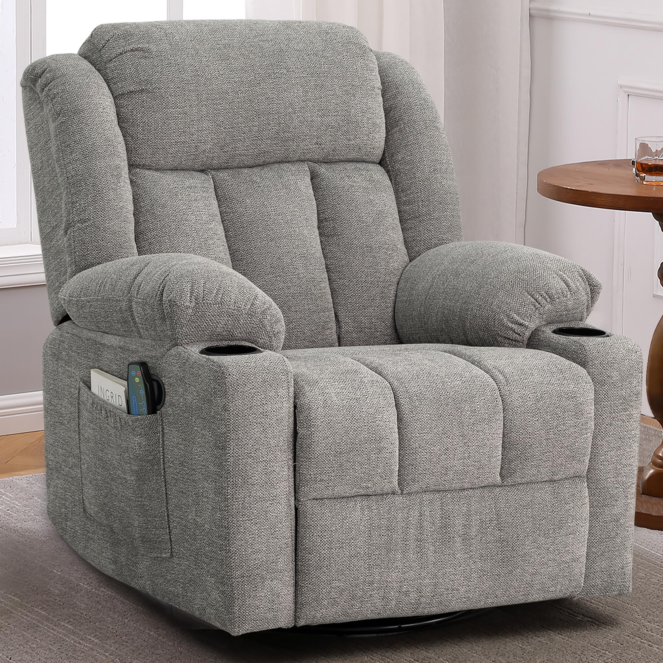 Ketaiyou Rocker Swivel Recliner Chair for Adults, Overstuffed Large Manual Recliner Glider with Massage and Heat, Comfy Soft Fabric Living Room Reclining Sofa Chair(Lime Gray)