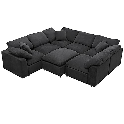 U Shaped Modular Sectional Sofa with Ottoman, 27.9'' Deep Seat Reversible Corner Couch with Detachable Cushion,Convertible Sofa&Couch Bed for Living Room, Office, Spacious Space