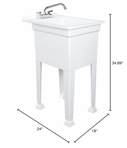 UTILITYSINKS 18 Inch Plastic Freestanding Utility Tub Sink with Heavy Duty Stainless Steel Swing Faucet for Garage, Laundry Room, and Garden, White