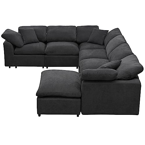 U Shaped Modular Sectional Sofa with Ottoman, 27.9'' Deep Seat Reversible Corner Couch with Detachable Cushion,Convertible Sofa&Couch Bed for Living Room, Office, Spacious Space