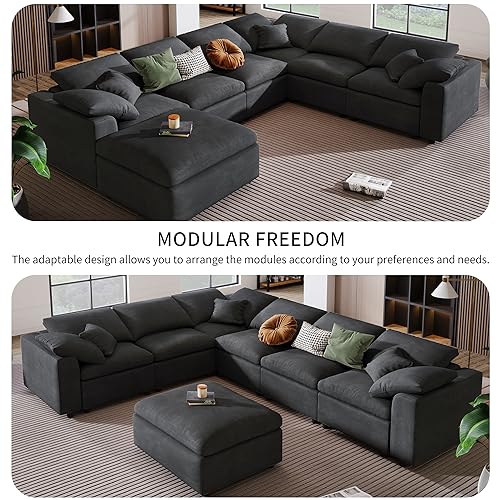 U Shaped Modular Sectional Sofa with Ottoman, 27.9'' Deep Seat Reversible Corner Couch with Detachable Cushion,Convertible Sofa&Couch Bed for Living Room, Office, Spacious Space