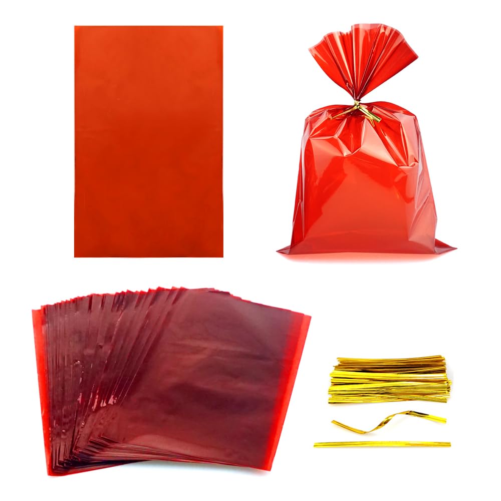 FAZHBARY 100 PCS Red Cellophane Bags 6x9 Red Goodie Bags Colored Cellophane Bags Cello Bags Gift Bags for Candy Cookie Wrapping Supplies