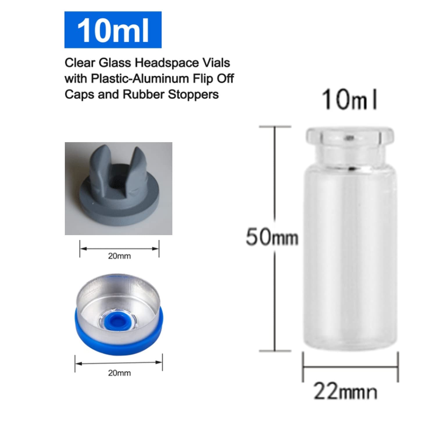 DIELLY 10 Pcs 10ml Glass Bottle,Sterile Transparent Vial,Seals Empty Vials, Lab Sample Vial, Empty Vials with Self Healing Injection Port,With Flip Off Aluminum Cap (10) A Packaging