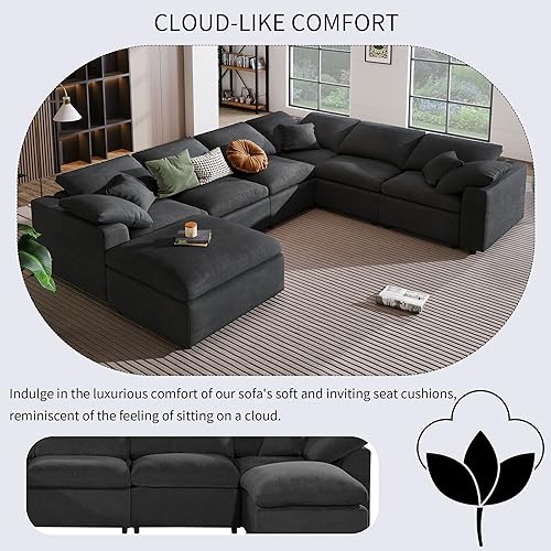 U Shaped Modular Sectional Sofa with Ottoman, 27.9'' Deep Seat Reversible Corner Couch with Detachable Cushion,Convertible Sofa&Couch Bed for Living Room, Office, Spacious Space