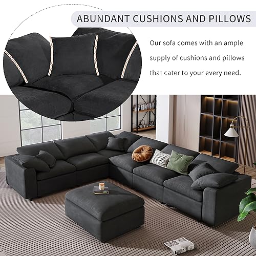 U Shaped Modular Sectional Sofa with Ottoman, 27.9'' Deep Seat Reversible Corner Couch with Detachable Cushion,Convertible Sofa&Couch Bed for Living Room, Office, Spacious Space