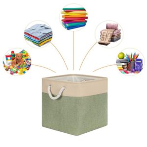 Eytueo 6 Pcs 11x11 Inch Linen Fabric Cube Storage Bins, Collapsible Green Fabric Closet Organizers Basket with Drawstring Handheld, Canvas Shelf Basket for Wardrobe, Shelf Storing Closet Toys Books